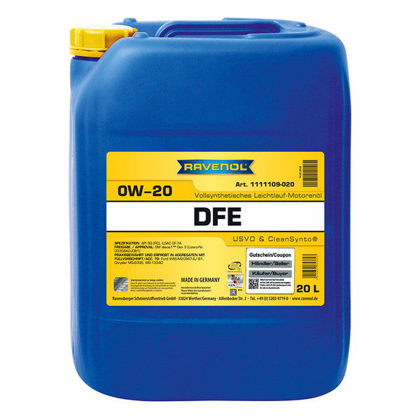 Моторное масло RAVENOL DFE 0W-20 20 литров
